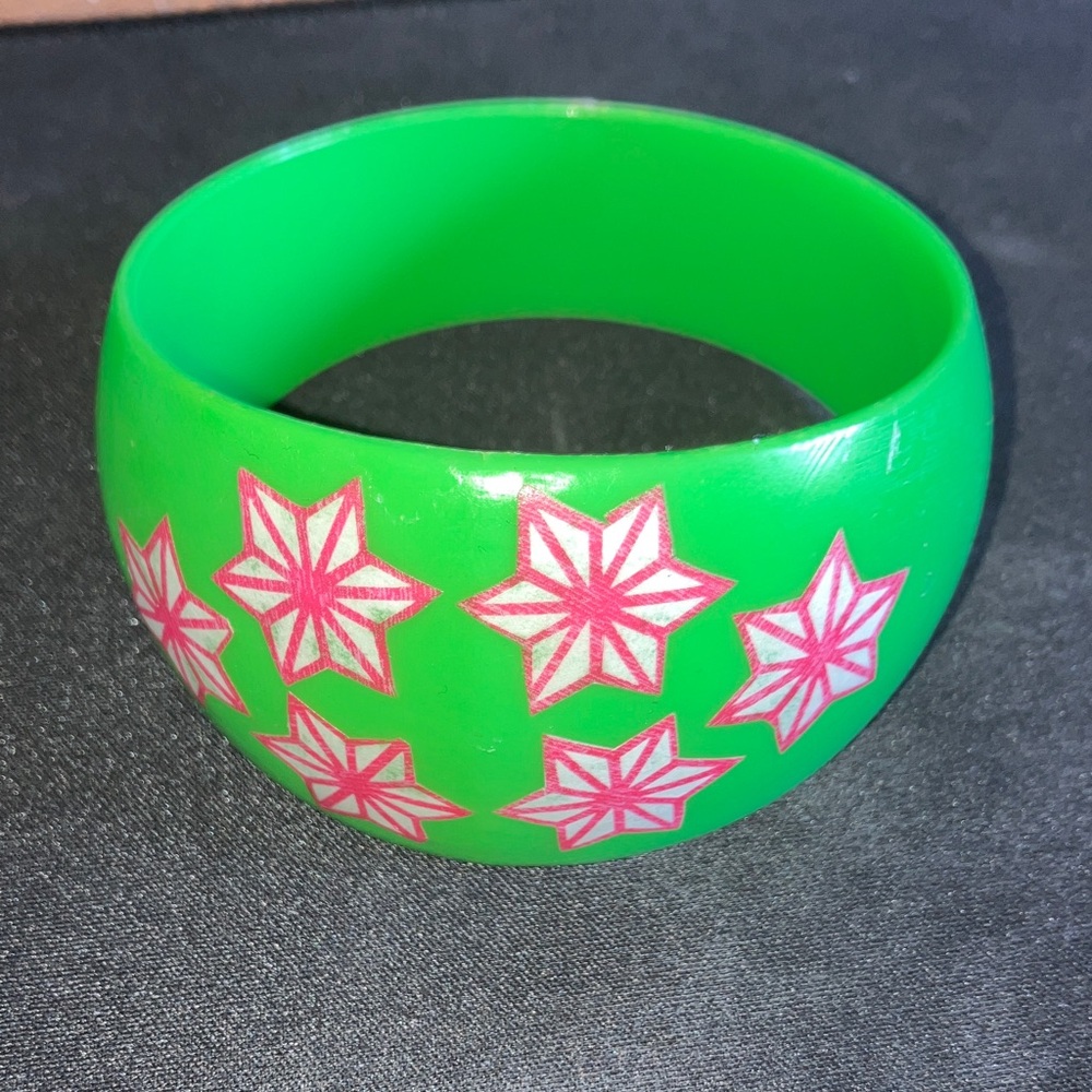 Handmade Green and Pink Star Pattern 70s Style Chunky Bangle Bracelet